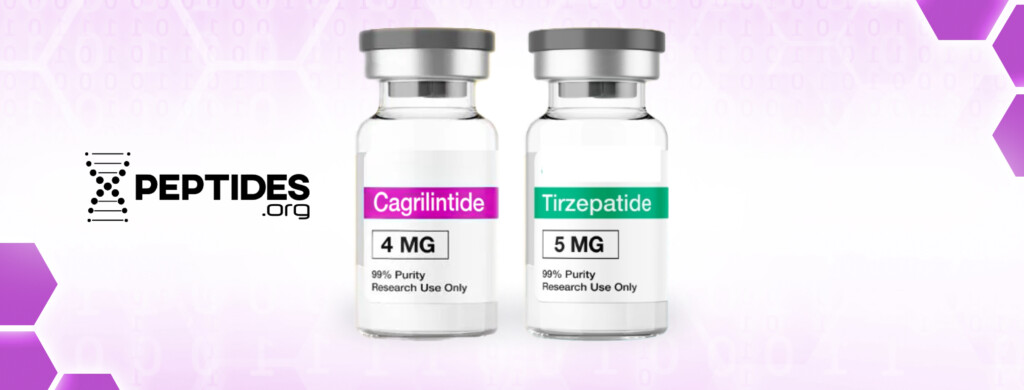 A vial of Cagrilintide peptide next to a vial of Tirzepatide peptide